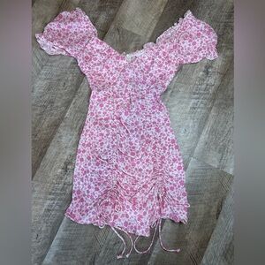 Pink Floral Ruffle Cap Sleeve  Mini Dress with Ruching, Zip Back